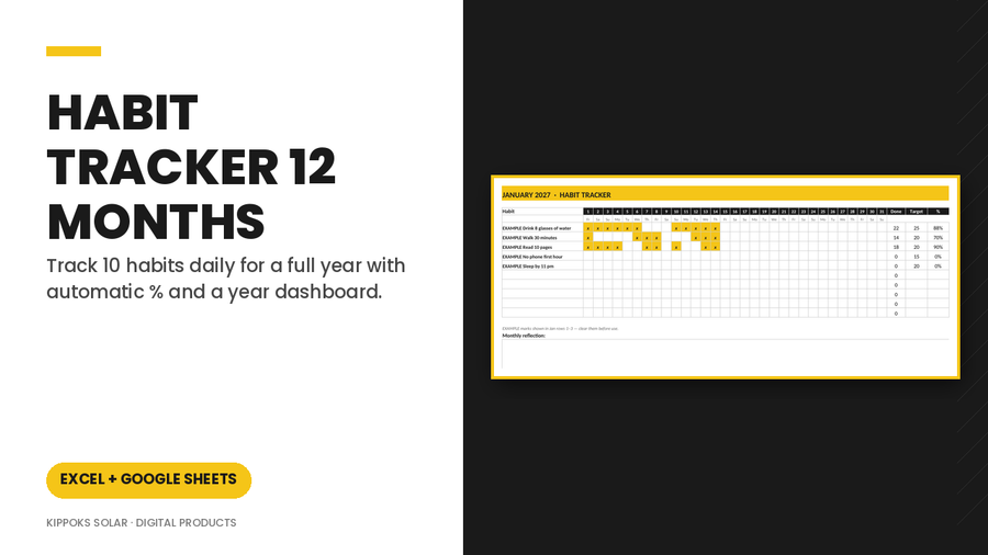 Habit Tracker: 12 Months (Excel & Google Sheets) cover