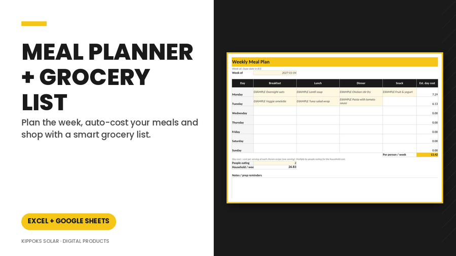 Meal Planner + Grocery List (Excel & Google Sheets) cover