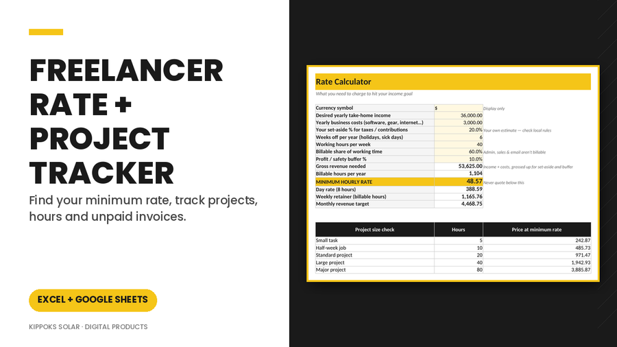 Freelancer Rate Calculator + Project Tracker (Excel & Google Sheets) cover